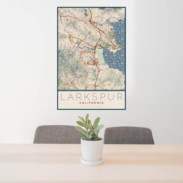 24x36 Larkspur California Map Print Portrait Orientation in Woodblock Style Behind 2 Chairs Table and Potted Plant