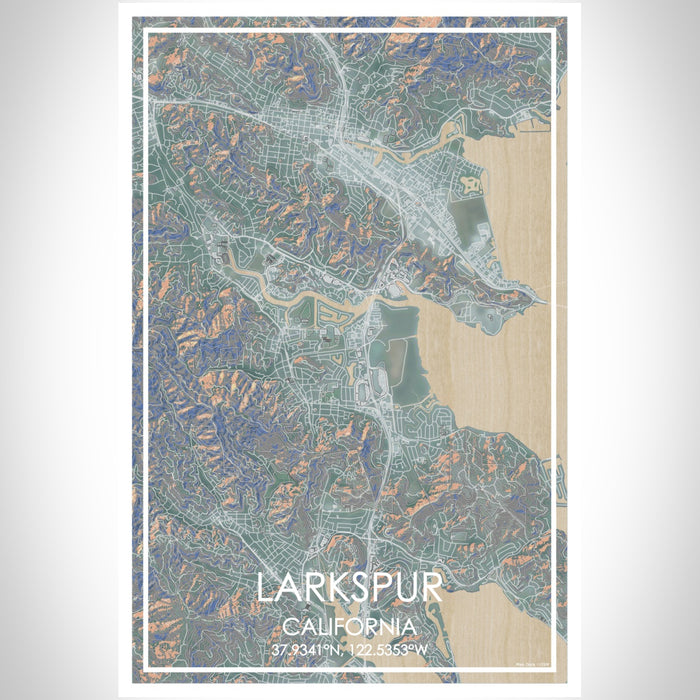 Larkspur California Map Print Portrait Orientation in Afternoon Style With Shaded Background