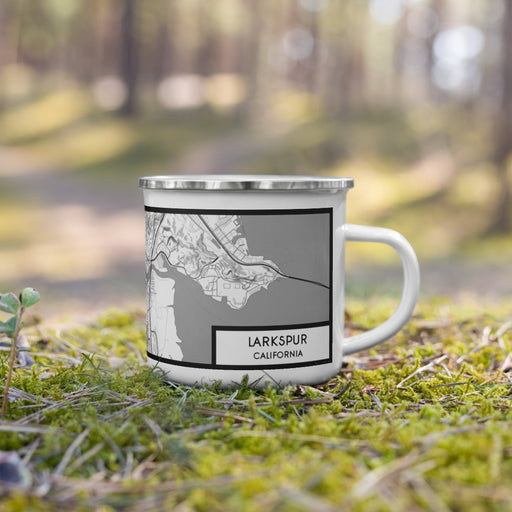 Right View Custom Larkspur California Map Enamel Mug in Classic on Grass With Trees in Background