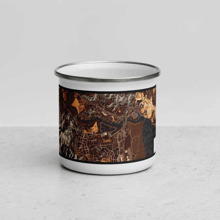 Front View Custom Larkspur California Map Enamel Mug in Ember