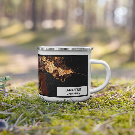 Right View Custom Larkspur California Map Enamel Mug in Ember on Grass With Trees in Background