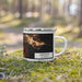 Right View Custom Larkspur California Map Enamel Mug in Ember on Grass With Trees in Background