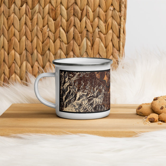 Left View Custom Larkspur California Map Enamel Mug in Ember on Table Top