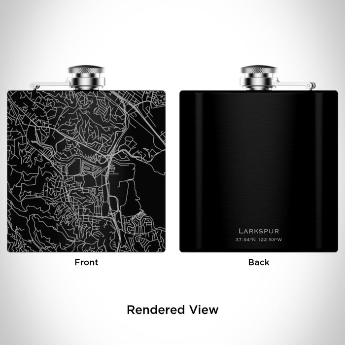 Rendered View of Larkspur California Map Engraving on 6oz Stainless Steel Flask in Black