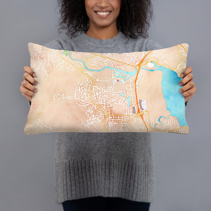 Person holding 20x12 Custom Larkspur California Map Throw Pillow in Watercolor