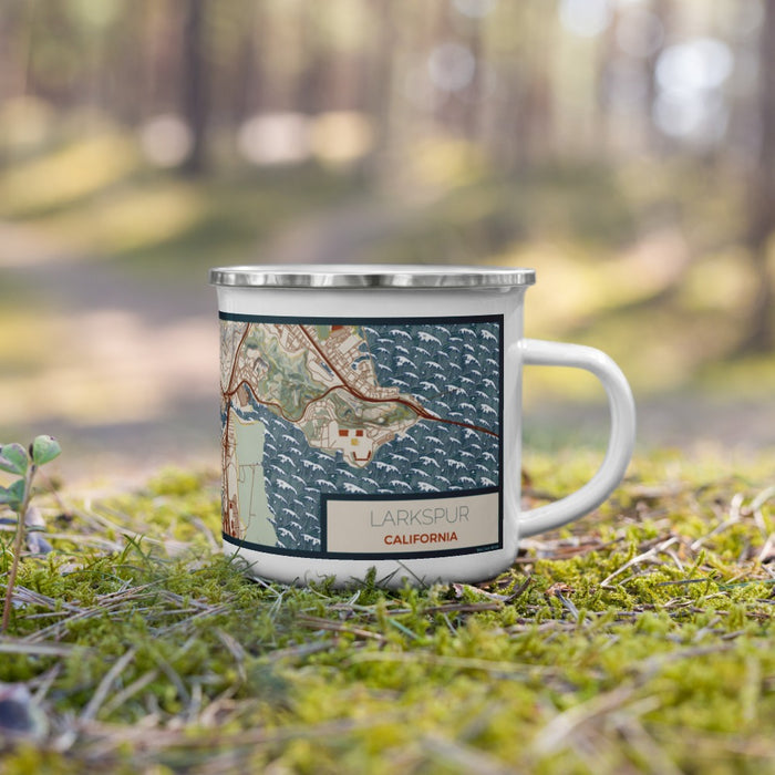 Right View Custom Larkspur California Map Enamel Mug in Woodblock on Grass With Trees in Background
