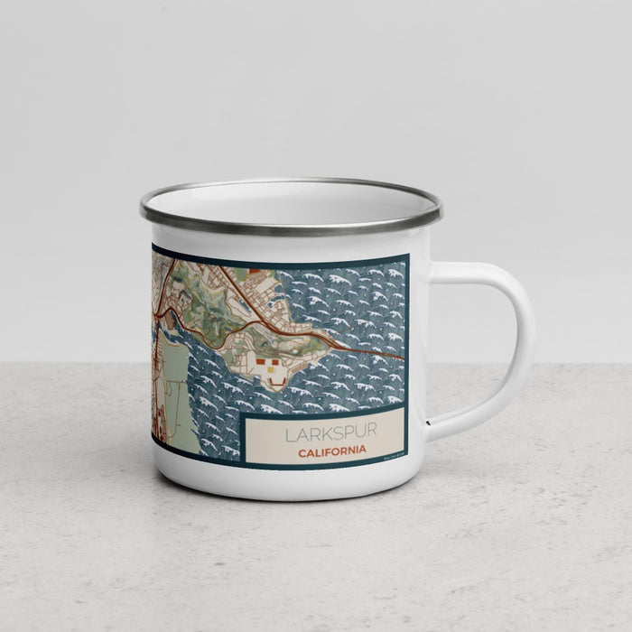 Right View Custom Larkspur California Map Enamel Mug in Woodblock