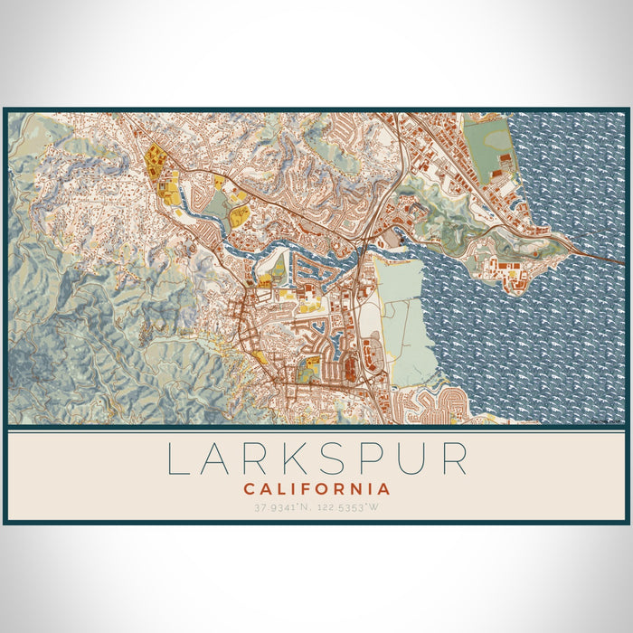 Larkspur California Map Print Landscape Orientation in Woodblock Style With Shaded Background