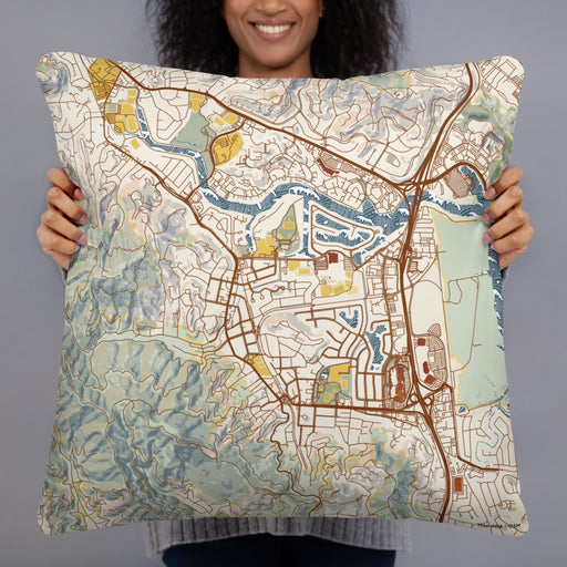 Person holding 22x22 Custom Larkspur California Map Throw Pillow in Woodblock