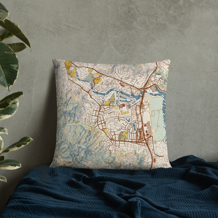 Custom Larkspur California Map Throw Pillow in Woodblock on Bedding Against Wall