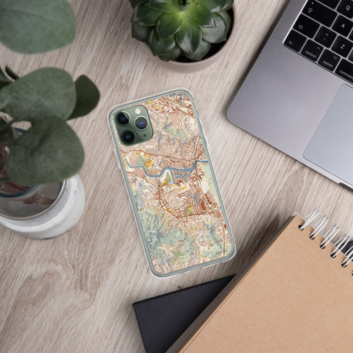 Custom Larkspur California Map Phone Case in Woodblock on Table with Laptop and Plant