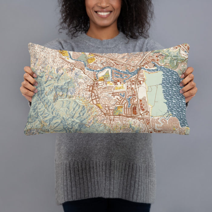 Person holding 20x12 Custom Larkspur California Map Throw Pillow in Woodblock