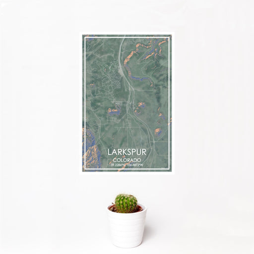 12x18 Larkspur Colorado Map Print Portrait Orientation in Afternoon Style With Small Cactus Plant in White Planter