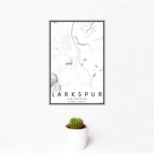 12x18 Larkspur Colorado Map Print Portrait Orientation in Classic Style With Small Cactus Plant in White Planter