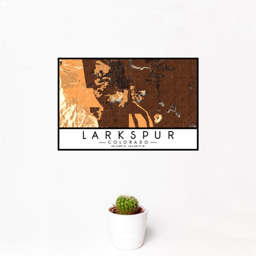 12x18 Larkspur Colorado Map Print Landscape Orientation in Ember Style With Small Cactus Plant in White Planter