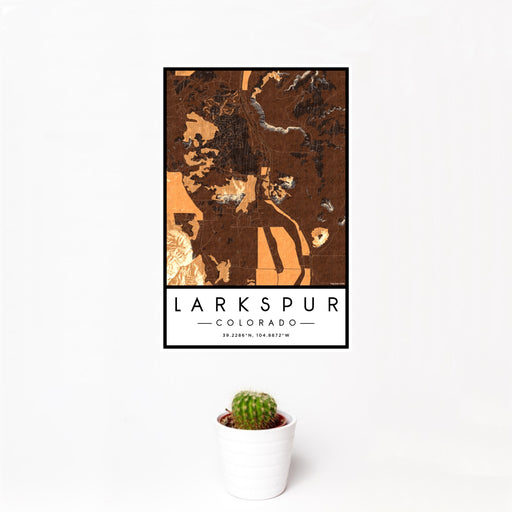 12x18 Larkspur Colorado Map Print Portrait Orientation in Ember Style With Small Cactus Plant in White Planter