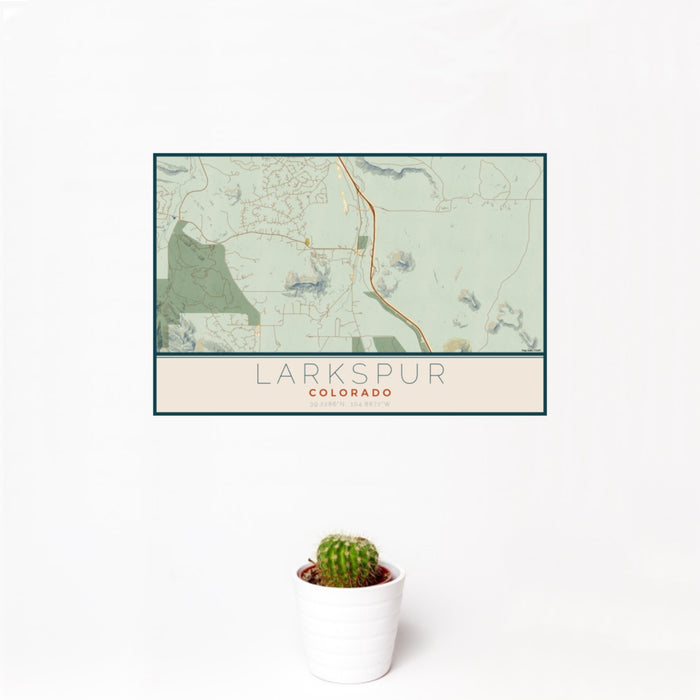12x18 Larkspur Colorado Map Print Landscape Orientation in Woodblock Style With Small Cactus Plant in White Planter