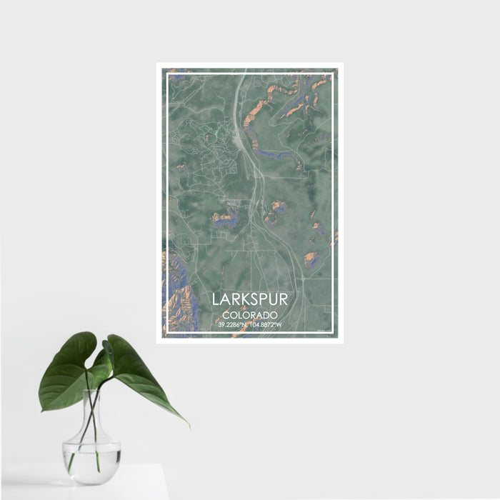 16x24 Larkspur Colorado Map Print Portrait Orientation in Afternoon Style With Tropical Plant Leaves in Water