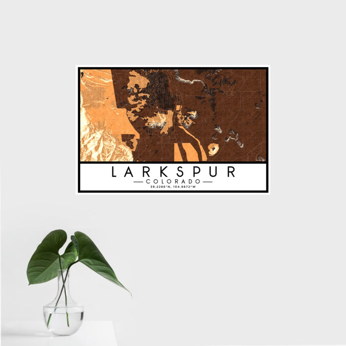 16x24 Larkspur Colorado Map Print Landscape Orientation in Ember Style With Tropical Plant Leaves in Water