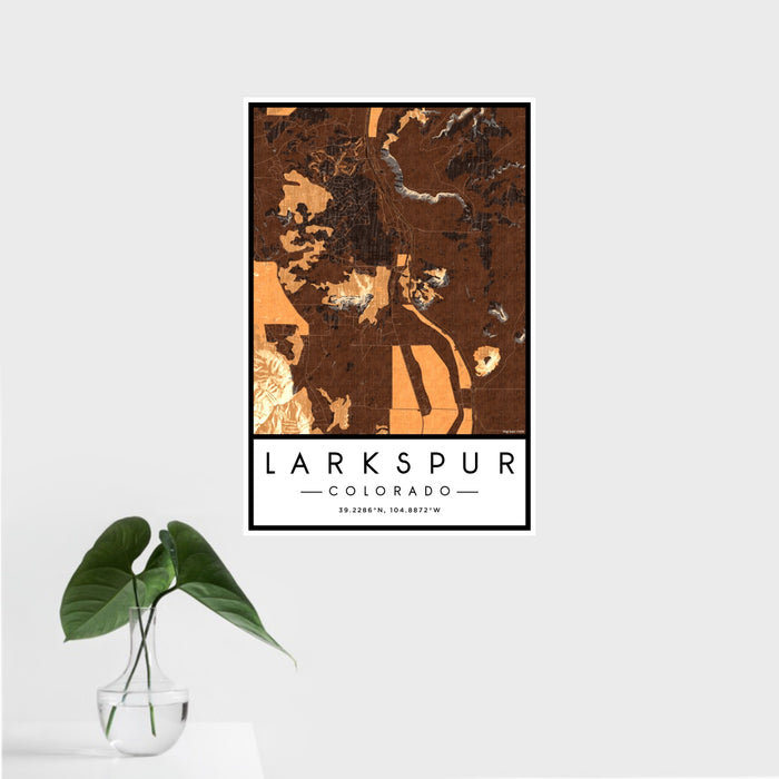 16x24 Larkspur Colorado Map Print Portrait Orientation in Ember Style With Tropical Plant Leaves in Water