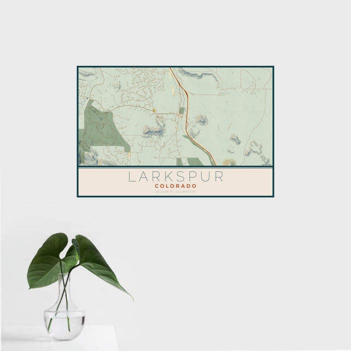 16x24 Larkspur Colorado Map Print Landscape Orientation in Woodblock Style With Tropical Plant Leaves in Water