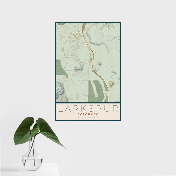 16x24 Larkspur Colorado Map Print Portrait Orientation in Woodblock Style With Tropical Plant Leaves in Water