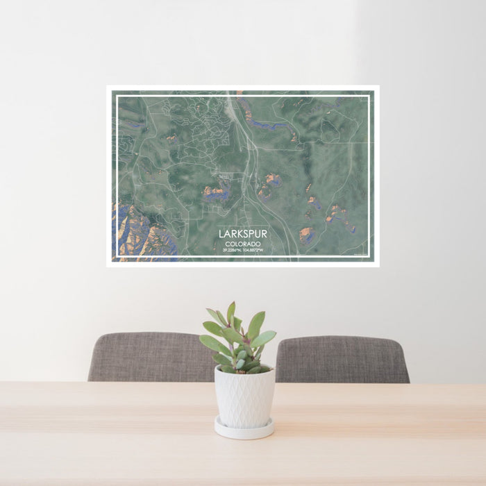 24x36 Larkspur Colorado Map Print Lanscape Orientation in Afternoon Style Behind 2 Chairs Table and Potted Plant