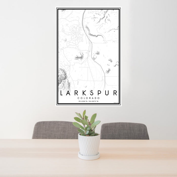 24x36 Larkspur Colorado Map Print Portrait Orientation in Classic Style Behind 2 Chairs Table and Potted Plant