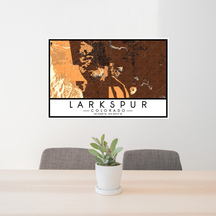 24x36 Larkspur Colorado Map Print Lanscape Orientation in Ember Style Behind 2 Chairs Table and Potted Plant