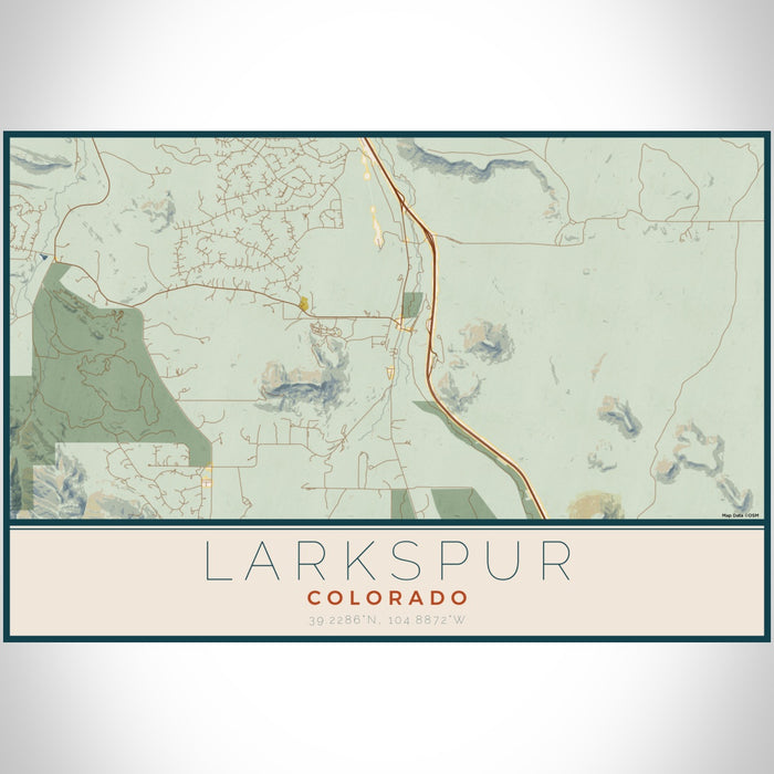 Larkspur Colorado Map Print Landscape Orientation in Woodblock Style With Shaded Background