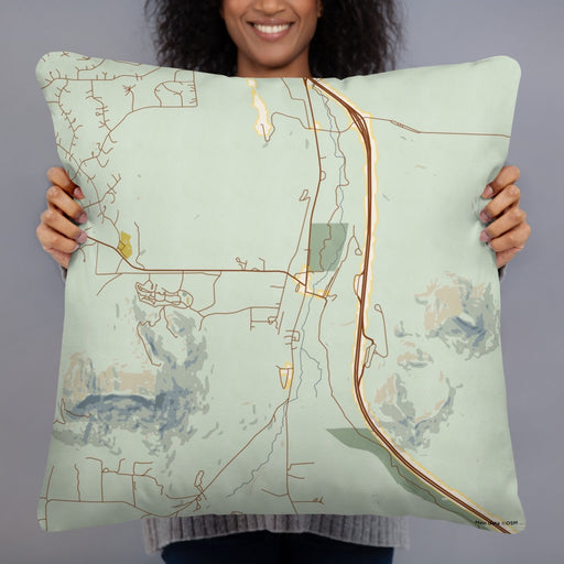 Person holding 22x22 Custom Larkspur Colorado Map Throw Pillow in Woodblock