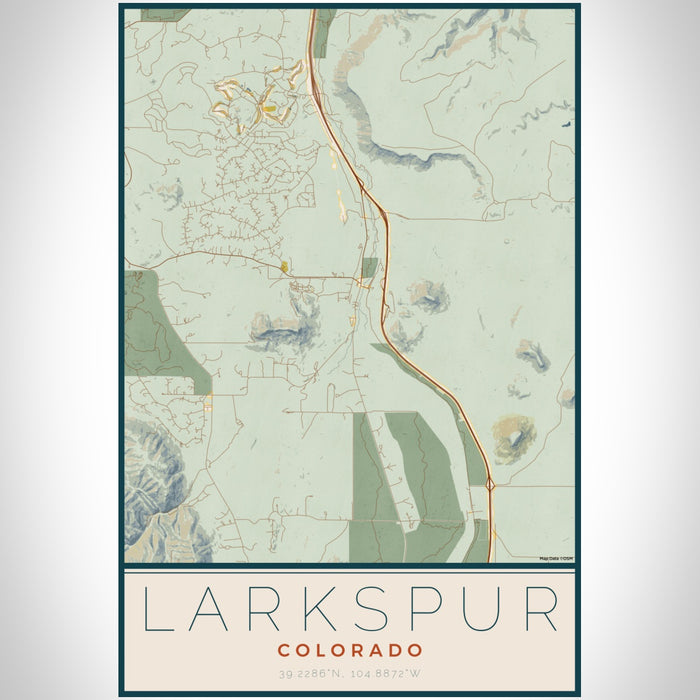 Larkspur Colorado Map Print Portrait Orientation in Woodblock Style With Shaded Background
