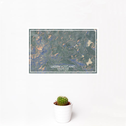 12x18 Lassen Volcanic National Park Map Print Landscape Orientation in Afternoon Style With Small Cactus Plant in White Planter