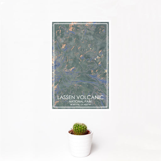 12x18 Lassen Volcanic National Park Map Print Portrait Orientation in Afternoon Style With Small Cactus Plant in White Planter