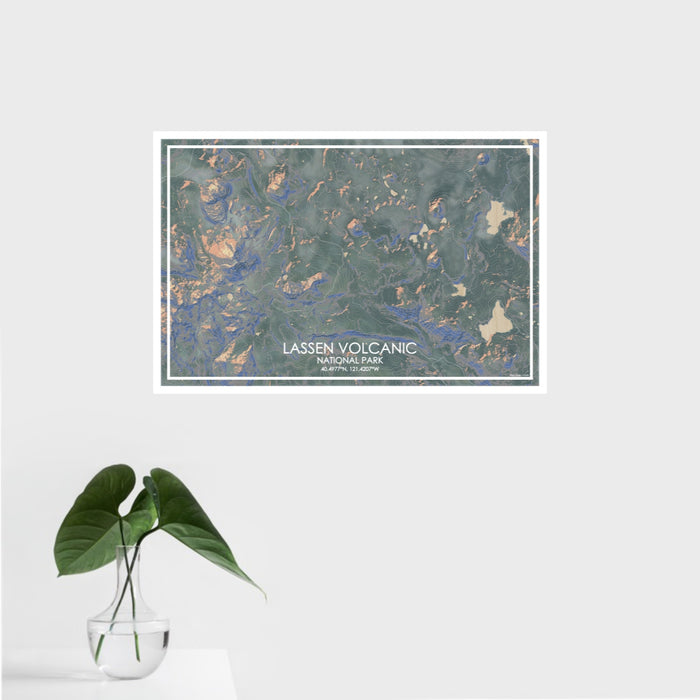 16x24 Lassen Volcanic National Park Map Print Landscape Orientation in Afternoon Style With Tropical Plant Leaves in Water