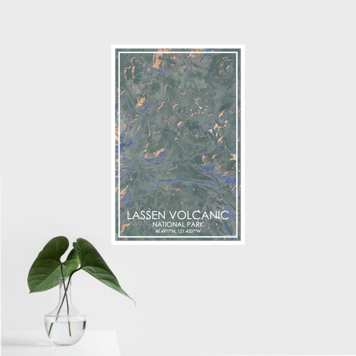 16x24 Lassen Volcanic National Park Map Print Portrait Orientation in Afternoon Style With Tropical Plant Leaves in Water