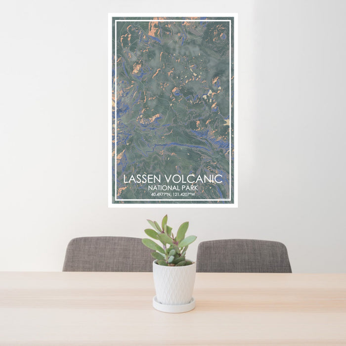 24x36 Lassen Volcanic National Park Map Print Portrait Orientation in Afternoon Style Behind 2 Chairs Table and Potted Plant