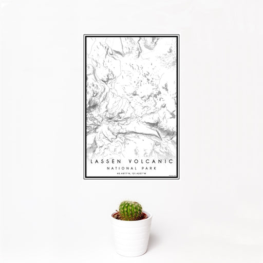 12x18 Lassen Volcanic National Park Map Print Portrait Orientation in Classic Style With Small Cactus Plant in White Planter