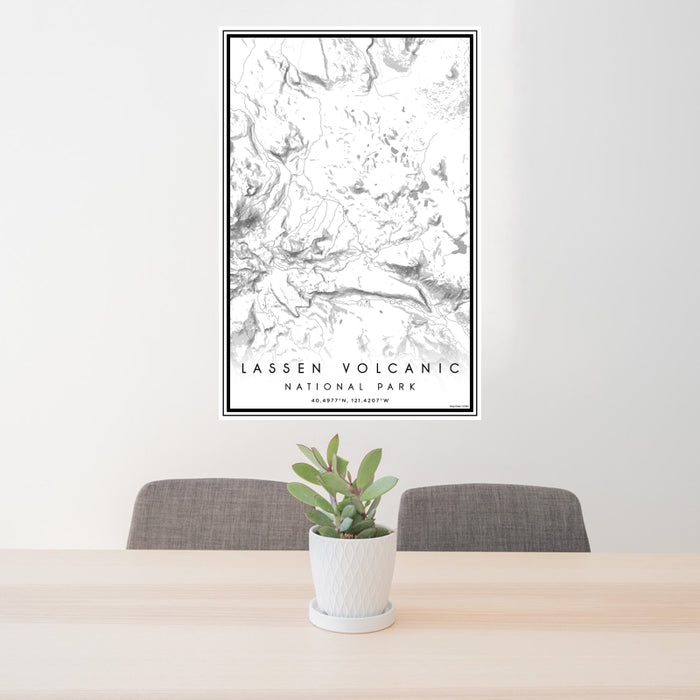 24x36 Lassen Volcanic National Park Map Print Portrait Orientation in Classic Style Behind 2 Chairs Table and Potted Plant