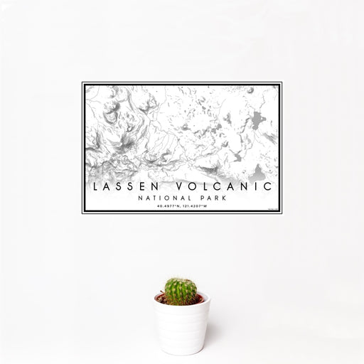 12x18 Lassen Volcanic National Park Map Print Landscape Orientation in Classic Style With Small Cactus Plant in White Planter