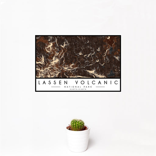 12x18 Lassen Volcanic National Park Map Print Landscape Orientation in Ember Style With Small Cactus Plant in White Planter