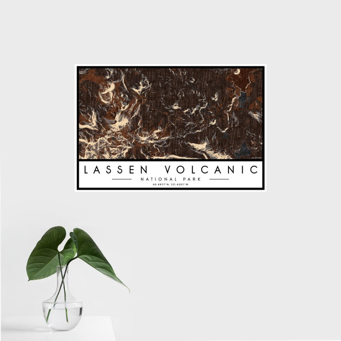 16x24 Lassen Volcanic National Park Map Print Landscape Orientation in Ember Style With Tropical Plant Leaves in Water
