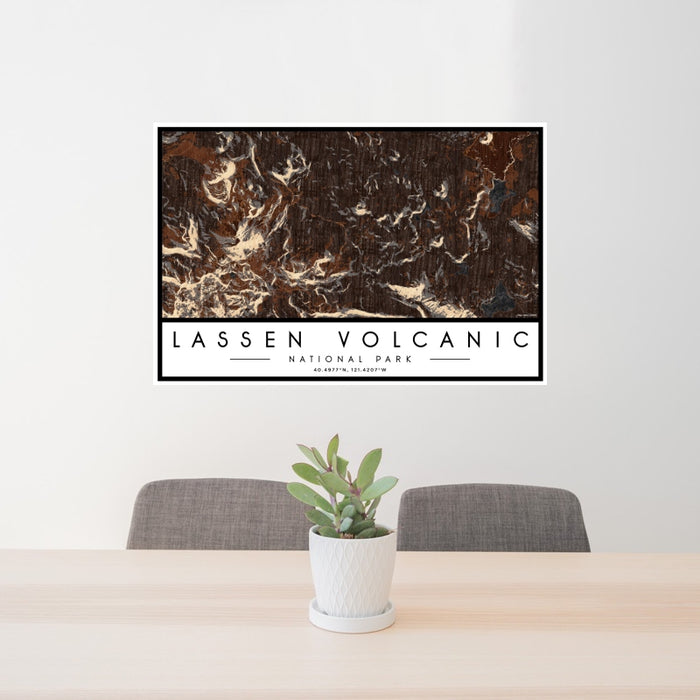 24x36 Lassen Volcanic National Park Map Print Landscape Orientation in Ember Style Behind 2 Chairs Table and Potted Plant