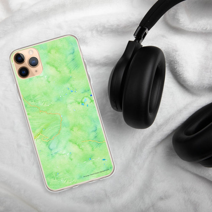 Custom Lassen Volcanic National Park Map Phone Case in Watercolor on Table with Black Headphones