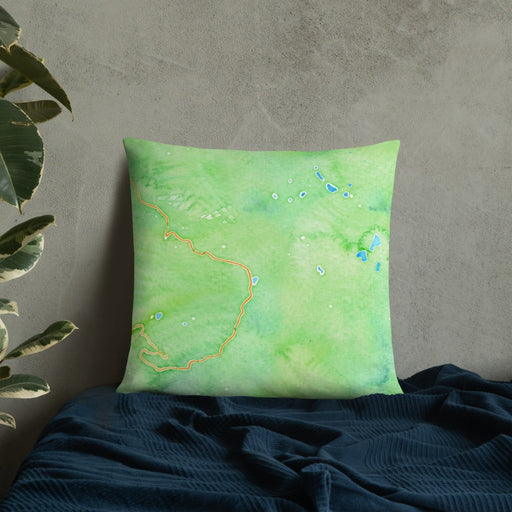 Custom Lassen Volcanic National Park Map Throw Pillow in Watercolor on Bedding Against Wall