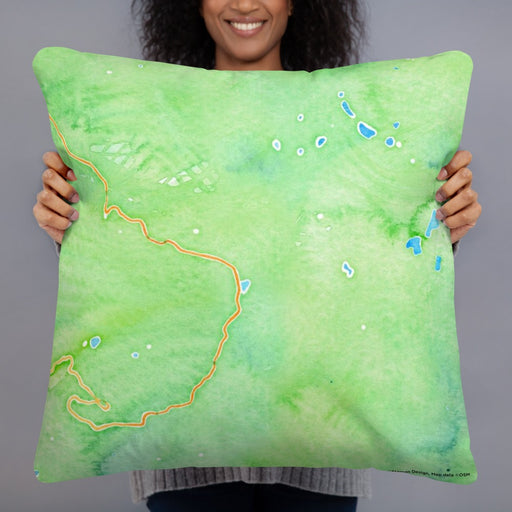 Person holding 22x22 Custom Lassen Volcanic National Park Map Throw Pillow in Watercolor