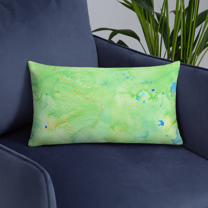 Custom Lassen Volcanic National Park Map Throw Pillow in Watercolor on Blue Colored Chair