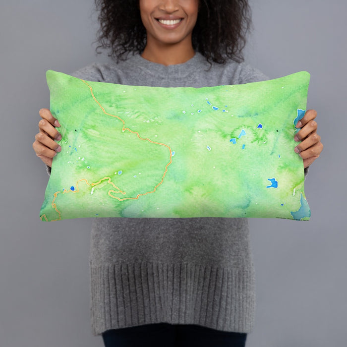 Person holding 20x12 Custom Lassen Volcanic National Park Map Throw Pillow in Watercolor