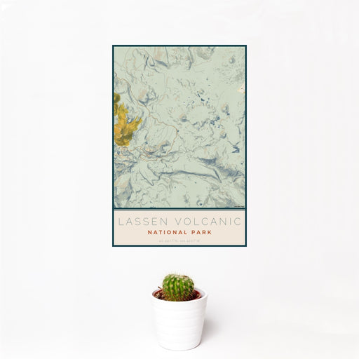 12x18 Lassen Volcanic National Park Map Print Portrait Orientation in Woodblock Style With Small Cactus Plant in White Planter