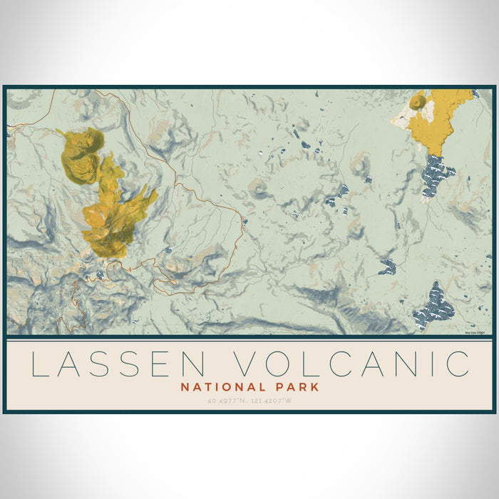 Lassen Volcanic National Park Map Print Landscape Orientation in Woodblock Style With Shaded Background